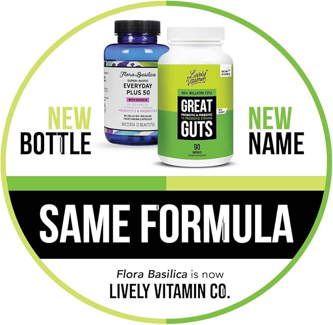 LIVELY VITAMIN CO. Great Guts Probiotic 50 Billion CFU Probiotic - Balance Gut Microbiome, GI Tract, Inflammation, Indigestion, Reflux, Upset Stomach, & Diarrhea - 90 Caps