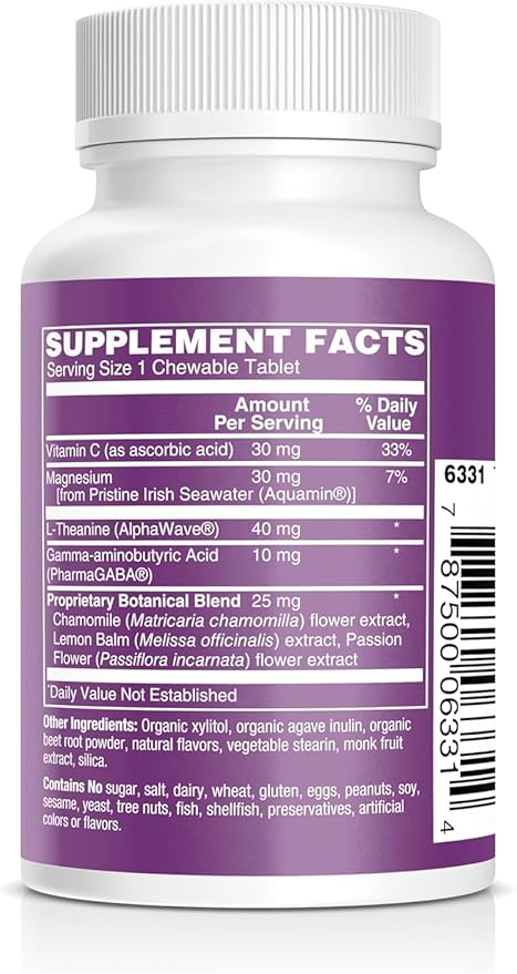 Kids Magnesium Chewables - Daily Supplement, Sugar-Free & Melatonin-Free, Supports a Healthy Stress Response & Focus, Fast-Absorbing Magnesium with L-Theanine, Mixed Fruit Flavor,