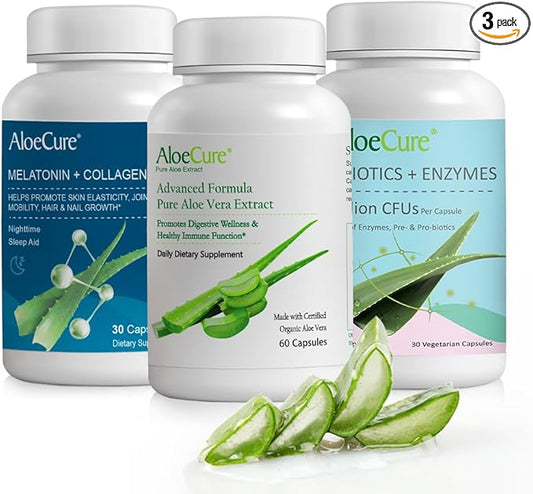 AloeCure Organic Aloe Vera Capsules Pack - 3 Pieces - Melatonin + Collagen, Aloe Vera Capsules, Probiotic + Enzyme