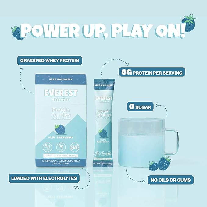 Kid's Clear Whey Protein Powder (Blue Raspberry, 10 Packets) Protein Drink Mix for Kids, Electrolytes for Kids, 8g Protein Per Serving, Non GMO, Zero Added Sugar