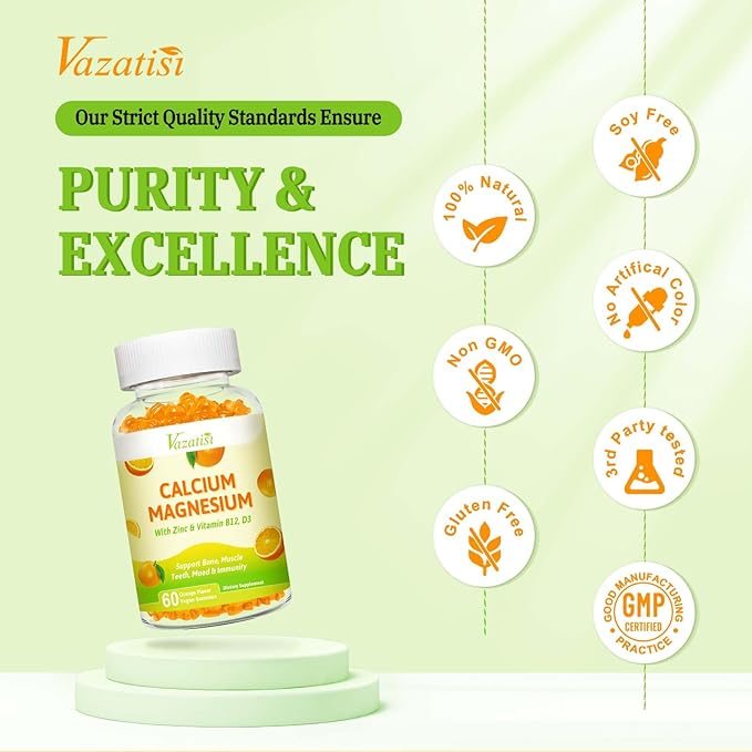 Calcium Magnesium Zinc Gummies, Calcium Magnesium 2:1 Ratio with Vitamin D3 & B12 for Support Muscle, Mood and Immunity, 60 Vegan Orange Flavor Gummies