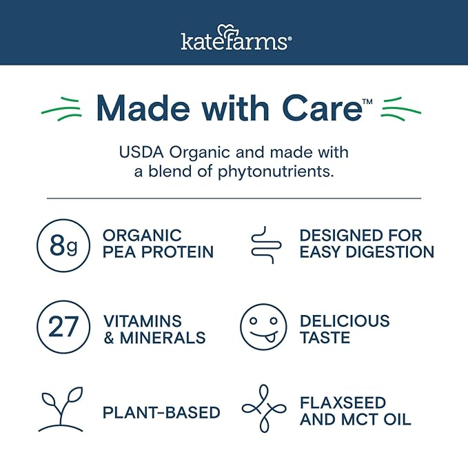 KATE FARMS Organic Pediatric Kids Nutrition Shake, Chocolate, 8g protein, 27 Vitamins and Minerals, Meal Replacement, Protein Shake, Gluten Free, Non-GMO, 8.45 oz (6 Pack)