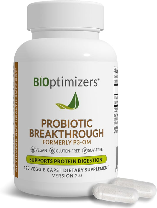 BIOptimizers Probiotic Breakthrough, Proteolytic Prebiotics & Probiotics Supplement – Lactobacillus Plantarum OM for Immune, Bloating & Gut Relief Support, 120 Vegan Capsules