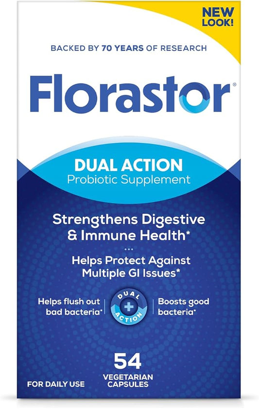 Florastor Probiotics for Digestive and Immune Health, 54 Capsules, Probiotics for Women & Men, Helps Flush Out Bad Bacteria, Boosts The Good with Our Strain Saccharomyces Boulardii, Packaging May Vary