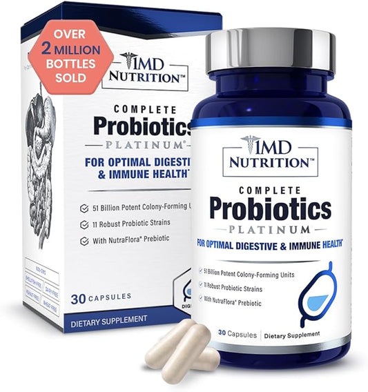 1MD Nutrition Complete Probiotics Platinum - w/Prebiotics and Probiotics for Digestive Health - Probiotic Supplement for Women & Men - More Than 50 Billion Live CFU 11 Strains Dairy-Free - 30 Caps