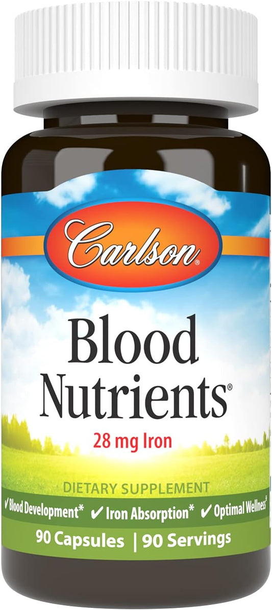 Carlson - Blood Nutrients, 28 mg Iron, Blood Development, Iron Absorption & Optimal Wellness, 90 Capsules