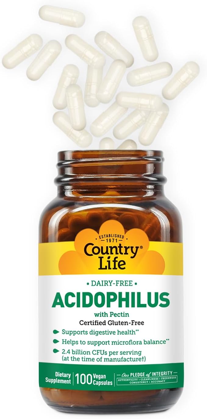 Country Life Acidophilus Probiotic Supplement for Women & Men - Free from Common Allergens - 2.4 Billion CFUs to Support Digestive Health - Dairy-Free, Non-GMO, 100 Vegan Capsules