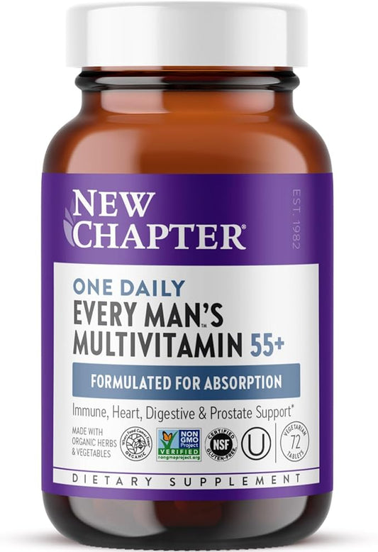 New Chapter Men's Multivitamin 50 Plus for Brain, Heart, Digestive, Prostate & Immune Support with 20+ Nutrients + Astaxanthin - Every Man's One Daily 55+, Gentle on The Stomach - 72 ct