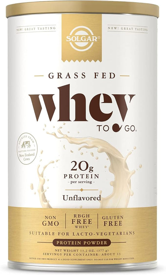 Solgar Grass Fed Whey to Go Protein Powder Unflavored, 11.2 oz - 20g of Grass-Fed Protein from New Zealand Cows - Great Tasting & Mixes Easily - Supports Strength & Recovery - Non-GMO, 13 Servings