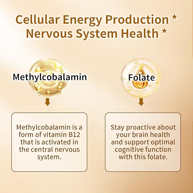 Methyl B-12 5000mcg Chewable with Folate - Vitamin B12 Methylcobalamin Sublingual Tablets - Supports Energy & Brain Function - Vegan Supplement - Cherry Flavor - 140 Count