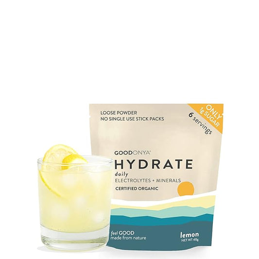 GOODONYA Organic Hydration Electrolyte Powder | Lemon, Coconut Water, Magnesium, Himalayan Pink Salt | Only 1g Sugar, No Artificial Flavors | USDA Organic & Plant-Based | 6 Servings