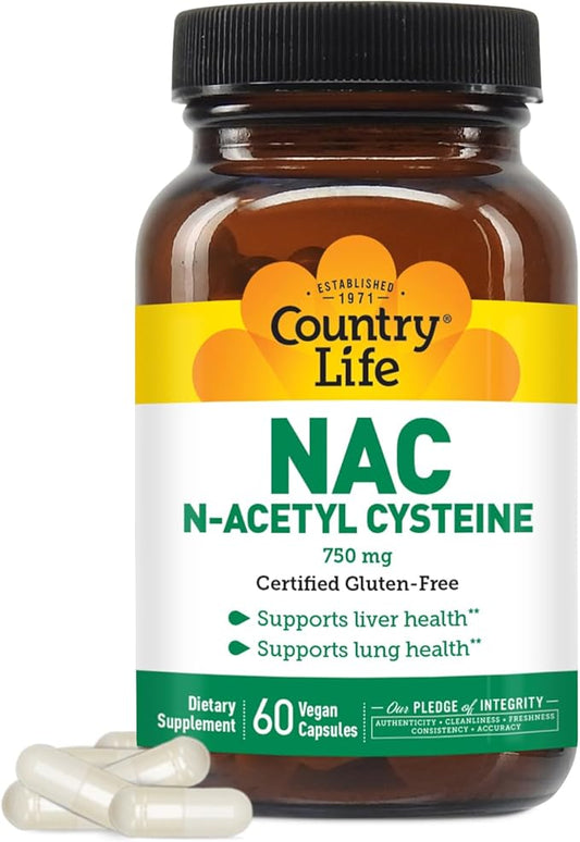 Country Life N-Acetyl Cysteine (NAC) 750 mg – Premium Liver Support and Lung Health Supplement – Powerful Antioxidant Protection, Liver Detox & Cleanse, Immune Support, 60 Vegetarian Capsules