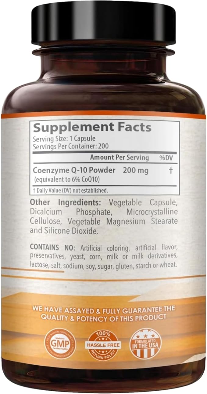 Coenzyme Q10 200mg CoQ10 Supplement -Once Daily CoQ10 200mg Powder Capsules for Heart Health, Antioxidant & Energy Support -Non-GMO, Quick Absorption Ubiquinone Q10 Coenzyme (200 Count (Pack of 1))
