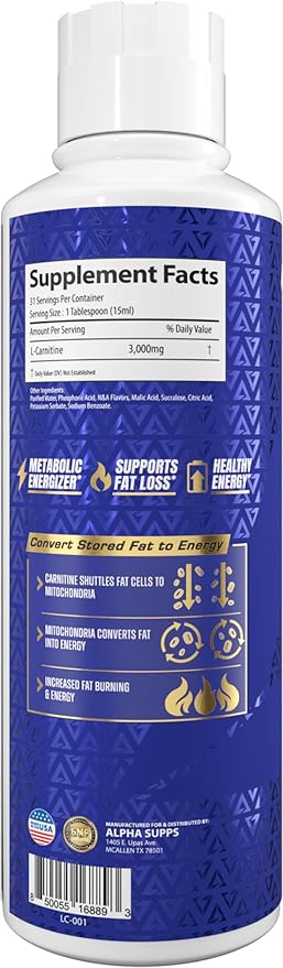 L-Carnitine 3000 mg Liquid | Stimulant-Free Amino Acid | 31 Servings (Blue Gummy)