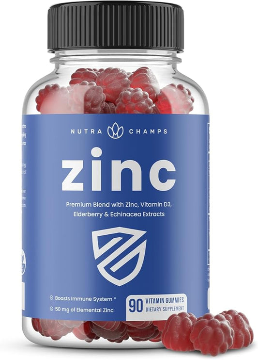 NutraChamps Zinc Gummies | 4-in-1 Zinc Gummies Adult | Zinc Chewable 50mg | Chewable Zinc Supplement Gummies with Vitamin D3 2000 IU, Elderberry & Echinacea | Immune, Heart & Brain Support | 90 Count