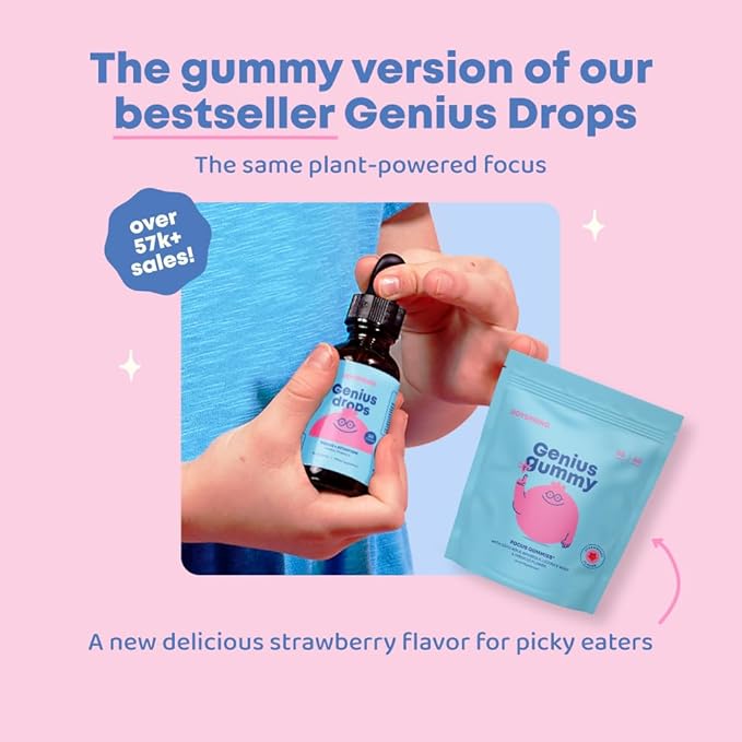 JoySpring Genius Kids Focus Gummies – Natural Herbal Brain Supplement for Kids | Vegan, Gluten-Free, Sugar-Free with Bacopa, Gotu Kola, Rhodiola – 60 Count