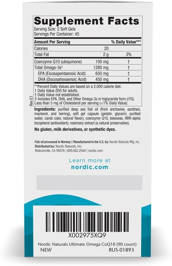 Nordic Naturals Ultimate Omega + CoQ10, Lemon - 90 Soft Gels - 1280 mg Omega-3 + 100 mg CoQ10 - Heart Health, Cellular Energy, Antioxidant Support - Non-GMO - 45 Servings
