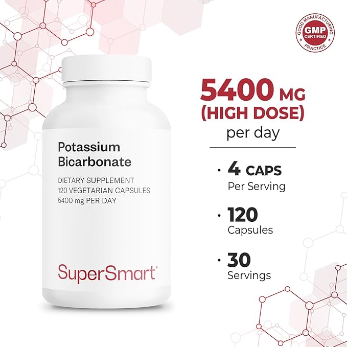 Supersmart - Potassium Bicarbonate 5400mg per Day (High Dose) - Electrolyte Mineral - Acid-Base Balance pH - Heart, Muscle & Nerve Health | Non-GMO & Gluten Free - 120 Vegetarian Capsules