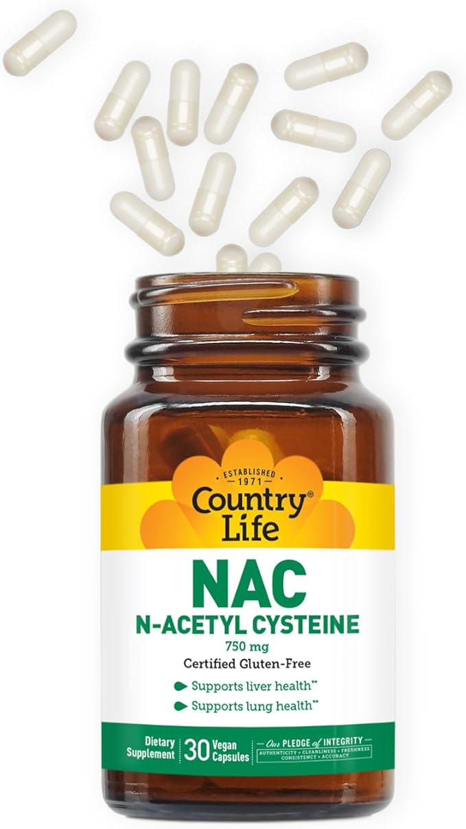 Country Life N-Acetyl Cysteine (NAC) 750 mg – Premium Liver Support and Lung Health Supplement – Powerful Antioxidant Protection, Liver Detox & Cleanse, Immune Support, 30 Vegetarian Capsules