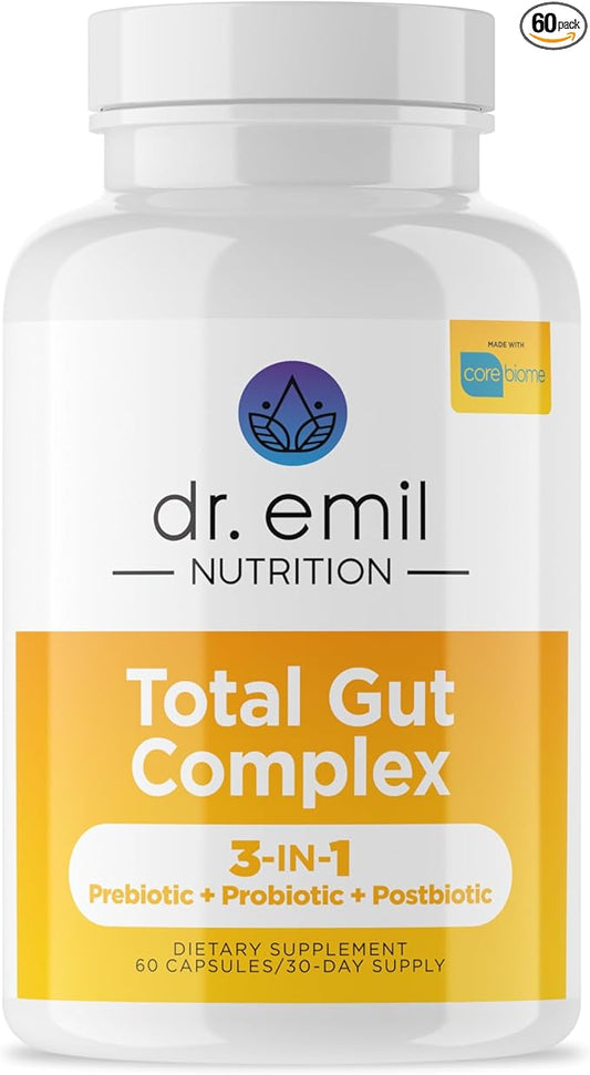 DR. EMIL NUTRITION Total Gut Health Complex - Prebiotic + Probiotic + Postbiotic Gut Health Supplements for Women and Men - Probiotics for Digestive Health & Gut Health, 60 Capsules