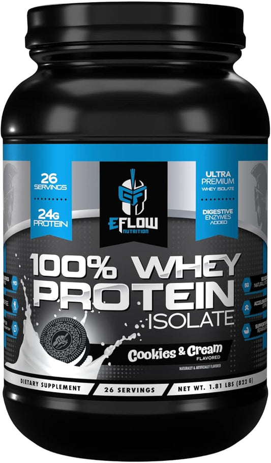 eFlow Nutrition 100% Whey Protein Isolate - Lactose-Free Digestive Enzymes Added, Low Carb, Post Workout Shake, Fast Digesting for Optimal Muscle Recovery - Cookies & Cream (26 Servings)