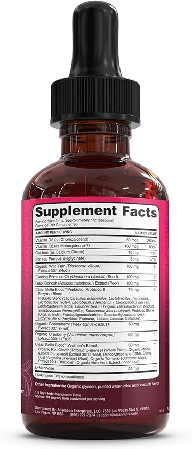 Liquid Probiotics for Women Drops with Chasteberry, Black Cohosh, Prebiotics, Digestive Enzymes, Evening Primrose Oil, Wild Yam, Cranberry Dmannose and Iron Vitamin D3 K2 Clean Nutra Bella Biotics (3)