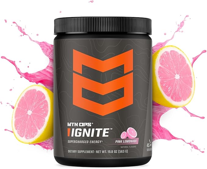 MTN OPS Ignite Energy Drink Powder, Gluten Free Nitric Oxide Supplement Drink Mix, L Arginine, L Citrulline, Caffeine & Nootropic Sugar Free Drink Mix, 45 Servings, Pink Lemonade