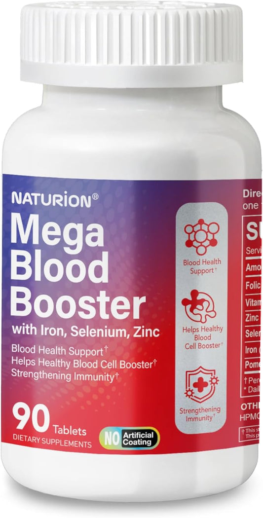 Mega Blood Booster - Dietary Supplement for White and Red Blood Cell Support with Iron, Selenium, Zinc, Vitamin B12 & Folic Acid - 90 Tablets, 90 Day Supply