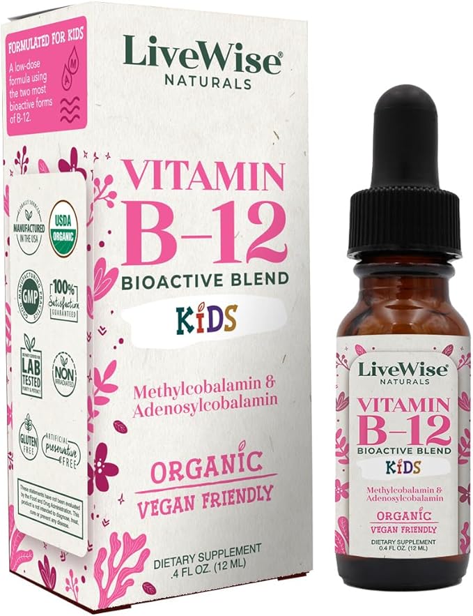 Vitamin B12 Liquid Drops for Kids | Toddlers and Children I Methycobalamin and Adenosylcobalamin | USDA Organic I Vegan | Non-GMO | Gluten Free | Low Dose