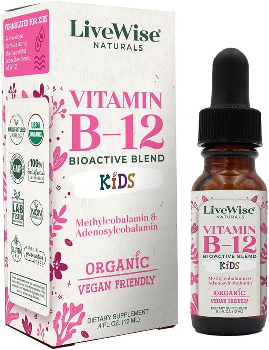 Vitamin B12 Liquid Drops for Kids | Toddlers and Children I Methycobalamin and Adenosylcobalamin | USDA Organic I Vegan | Non-GMO | Gluten Free | Low Dose