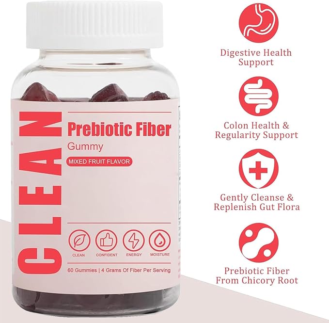 Clean Prebiotic Fiber Gummy, Clean Fiber Gummies for Men, Men Prebiotic Supplement for Digestive Gut Health, Non-GMO, 60 Gummies / 4g Fibers Per Serving