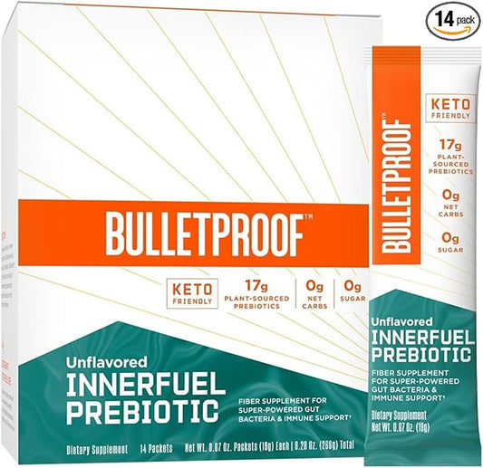 Bulletproof Unflavored Innerfuel Prebiotic Fiber Powder Packets, 14 Count, Supplement for Gut Health, Digestive Health and Immune Support, Plant Sourced Prebiotics