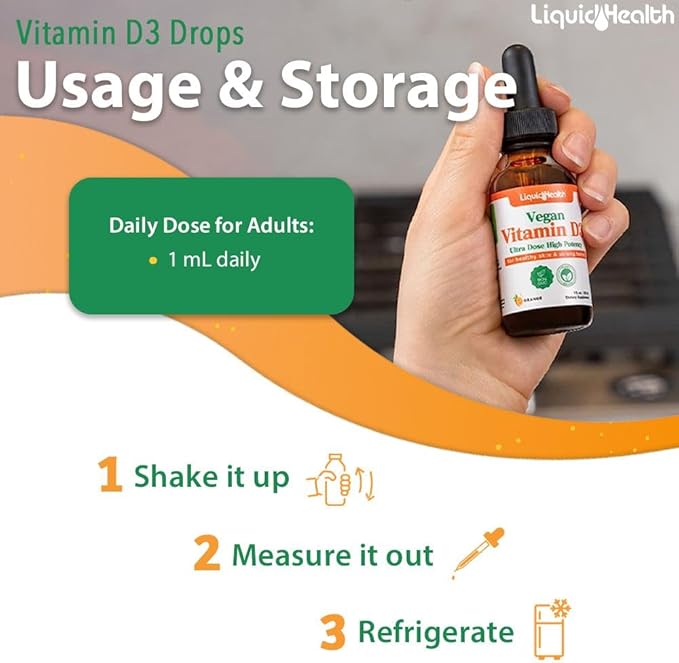 LIQUIDHEALTH Liquid Vitamin D3 5000 IU, Organic Vitamin D Liquid Drops, Adults & Kids, Vegan Liquid Vitamin D for Immune Support, Bone Health, Mood Support