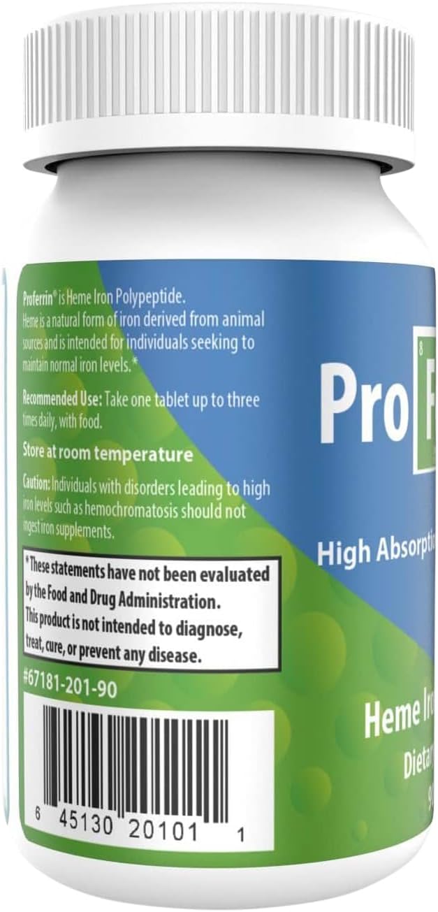 Proferrin ES- 10.5mg of high Absorbing Heme Iron Polypeptide. Made in The USA. 90 Tablets. Easy on The Gut. Not affected by Coffee, Calcium, or PPI's.