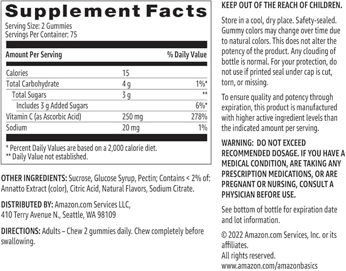 Amazon Basics Vitamin C 250 mg Gummies, Orange, 150 Count (2 per Serving), Immune Health (Previously Solimo)