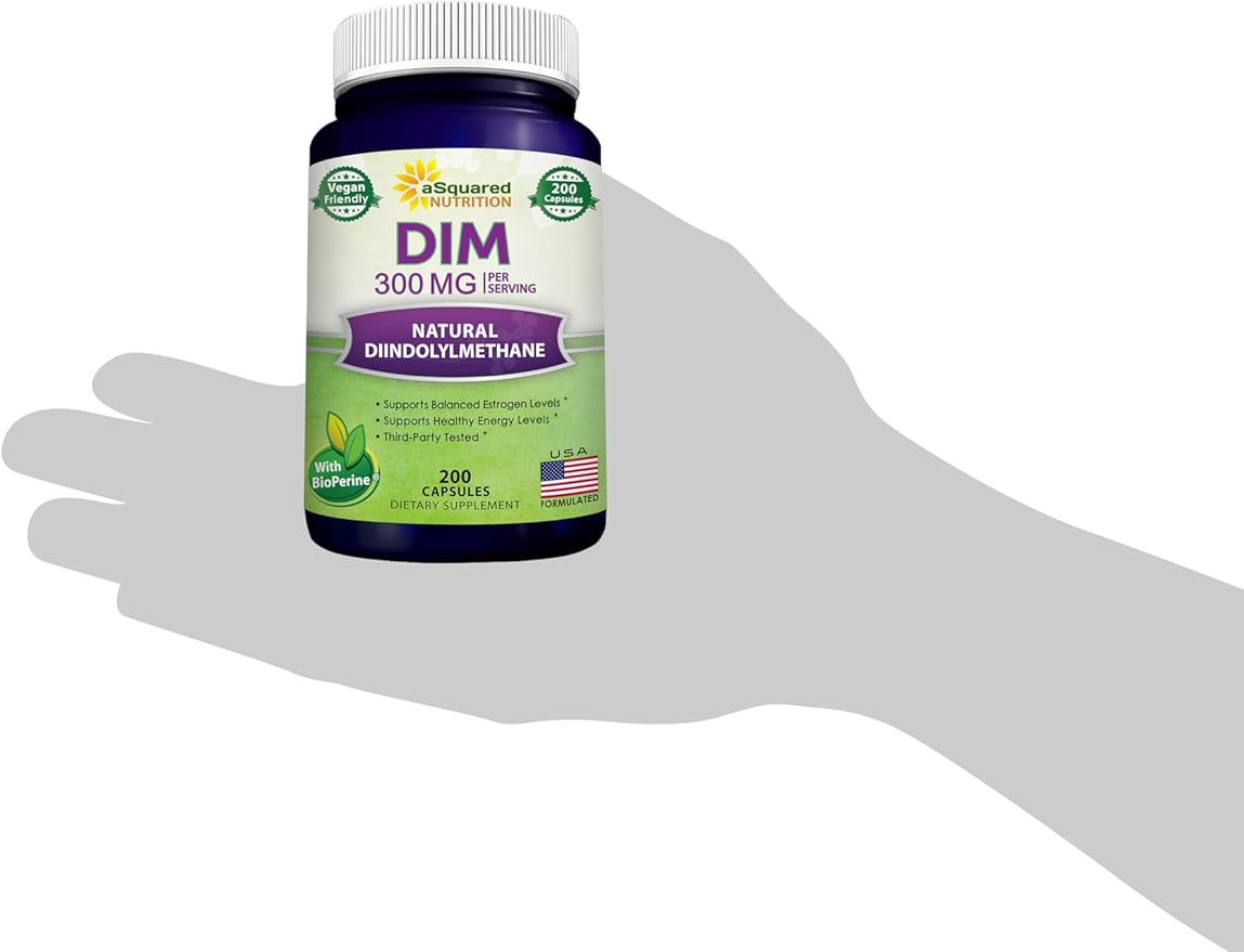 aSquared Nutrition DIM Supplement 300mg Plus BioPerine - 200 Veggie Capsules - Diindolylmethane DIM Max Strength Pills to Support Estrogen Metabolism & Balance, Menopause Relief, PCOS, Hormonal Acne