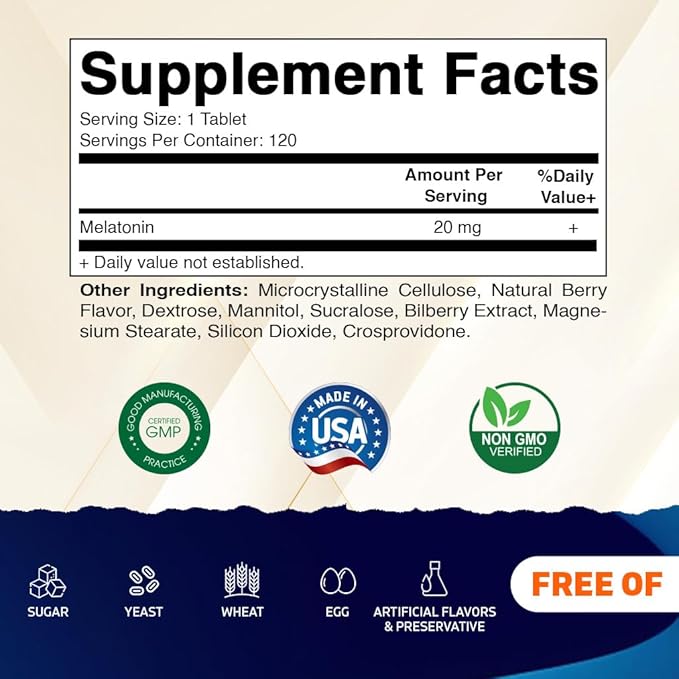 Vitamatic Melatonin 20 mg Tablets | Vegetarian, Non-GMO, Gluten Free | HIGH Potency 20 MG | Natural Berry Flavor (1/2 Tablets = Melatonin 10 mg) (120 Count (Pack of 6))