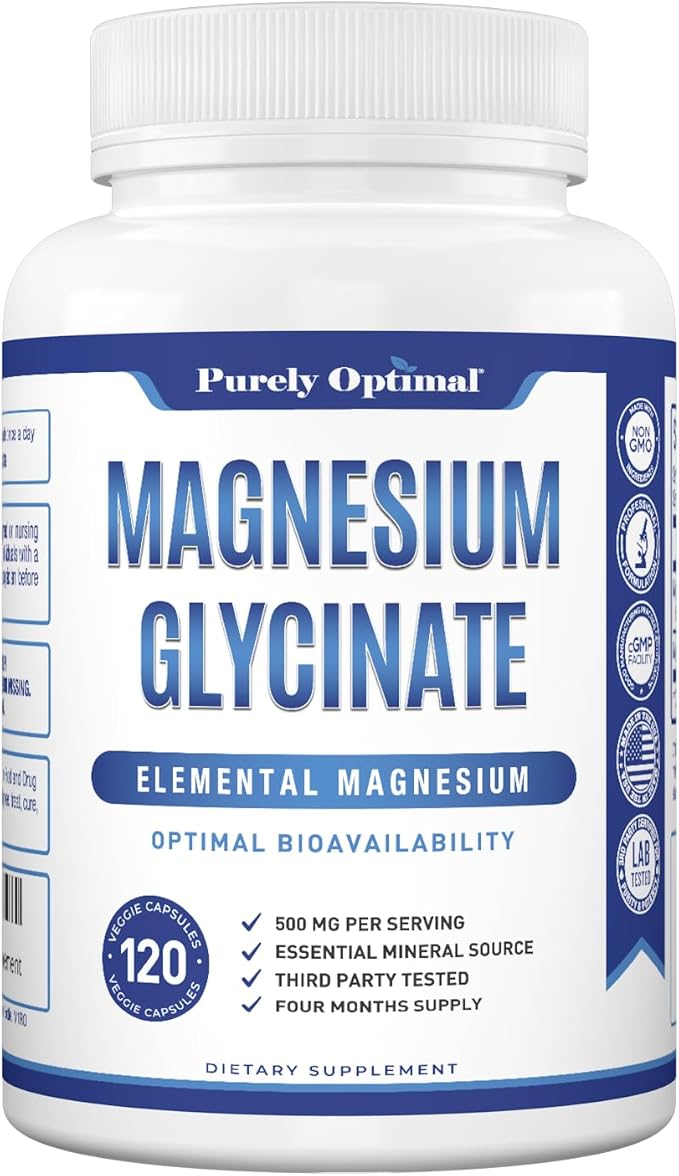 Purely Optimal Magnesium Glycinate 500mg - Premium Non-Buffered Supplement for Sleep, Calm & Muscle Function Support, 120 Easy-to-Swallow Capsules - High Absorption & Gentle on Stomach