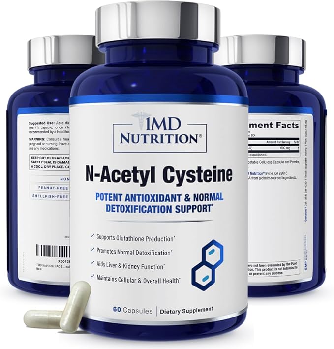 1MD Nutrition NAC Supplement N-Acetyl Cysteine - NAC 600 mg - Antioxidant Supplement Supports Detox and Glutathione Production - N Acetylcysteine Respiratory Supplement for Lung Health - 60 Capsules