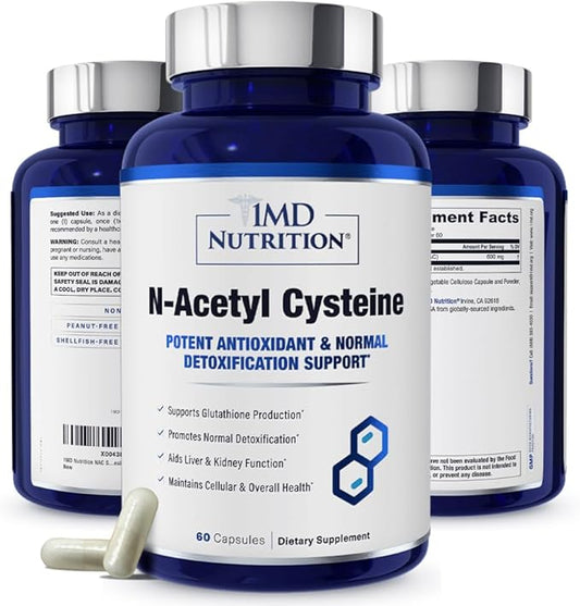 1MD Nutrition NAC Supplement N-Acetyl Cysteine - NAC 600 mg - Antioxidant Supplement Supports Detox and Glutathione Production - N Acetylcysteine Respiratory Supplement for Lung Health - 60 Capsules