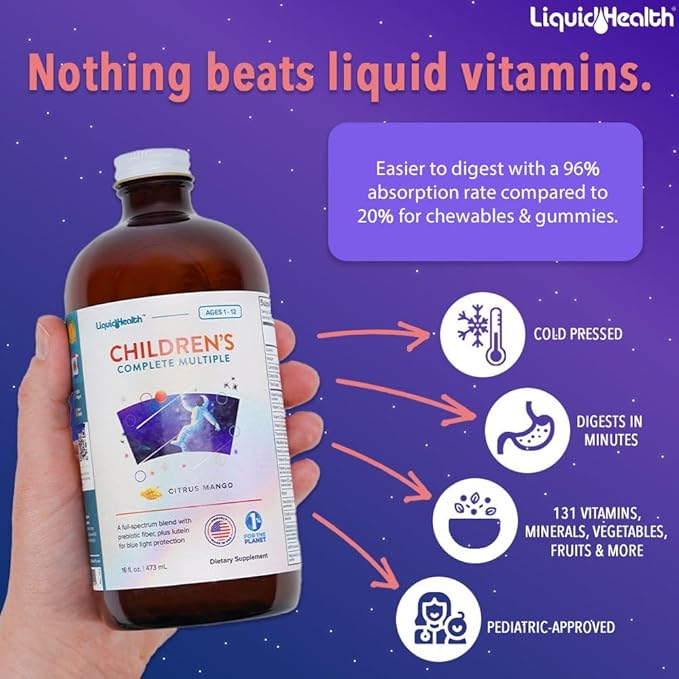 LIQUIDHEALTH Children's Complete Liquid Multivitamin for Kids, Toddlers - Essential Vitamins, Nutrients & Minerals, Immune Support, Gut Health - Great Taste, Vegan, Non GMO, Sugar-Free (16 oz)