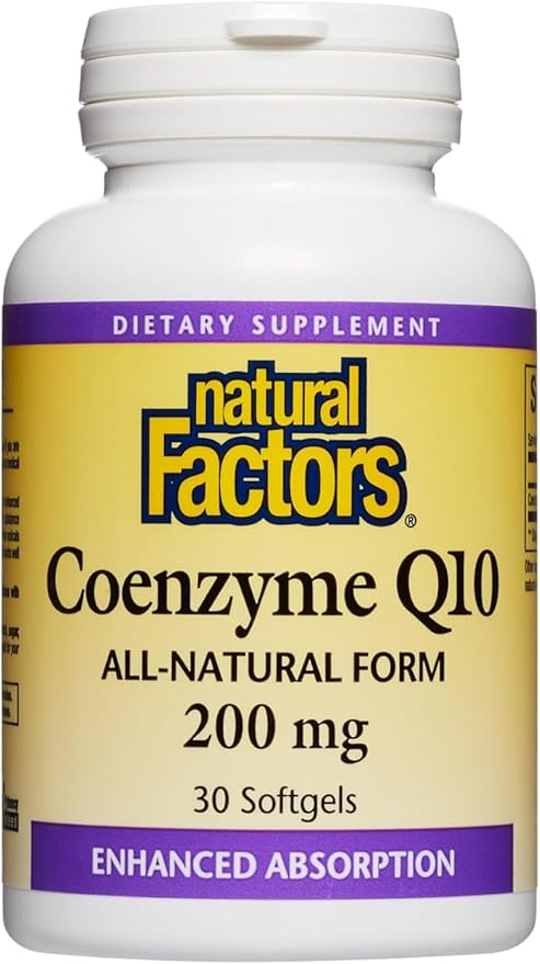 Natural Factors Coenzyme Q10 200 mg, Natural Coenzyme Q10 Supplement for Energy, Heart and Cognitive Support, 30 Softgels