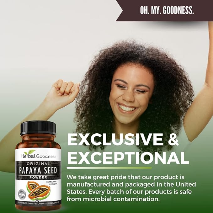 Herbal Goodness Papaya Seeds Capsules 60ct - Supports Gut and Digestive Health -100% Natural Body Detox Cleanse and Colon Broom Formula - 1 Pack