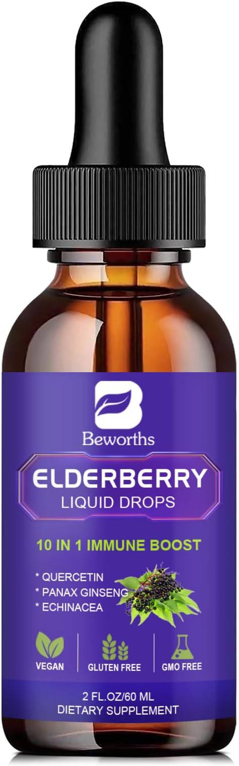 Elderberry Syrup Black Elderberry Drops with Quercetin, Panax Ginseng, Vitamin C and Zinc, Sambucus Elderberry Syrup Liquid, Vegan, Non-GMO & Gluten Free