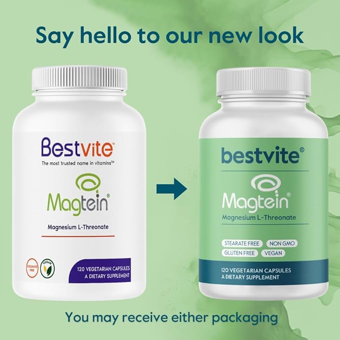 BESTVITE Magtein Magnesium L-Threonate Capsules - 2000mg per Serving (120 Vegetarian Capsules) - Patented and Bioavailable Magnesium - No Stearates - No Fillers - Vegan - Non GMO - Gluten Free