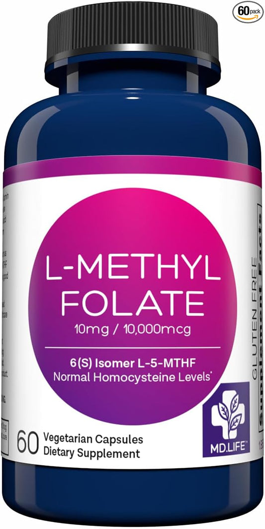 MD Life L-Methylfolate 10 mg - Professional-Grade Active Methylfolate Supplement - Maximum Potency MTHFR Supplements - L methylfolate 10mg 60 Capsules - Essential Amino Acids