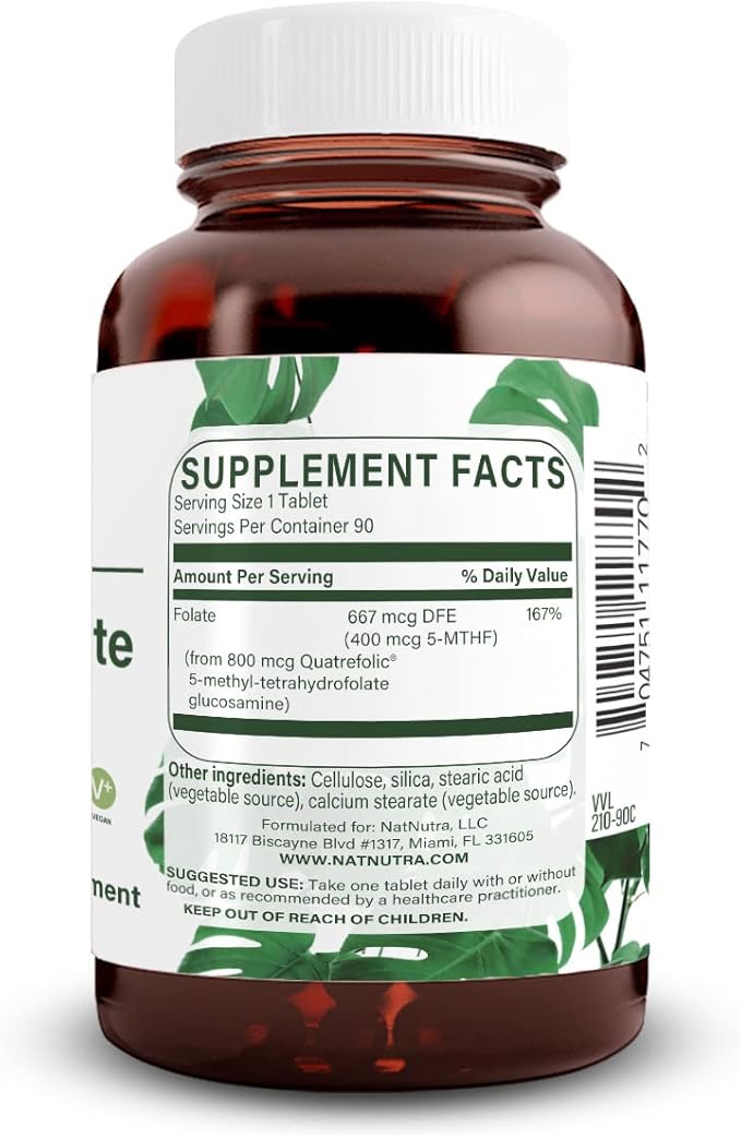 Natural Nutra Active Methyl Folate Supplement with Quatre Folic, Helps to Brain Health, Improve Heart Health, Support Body Health, Promotes Cell Health, Boost Body's Immune System, 90 Vegan Tablets