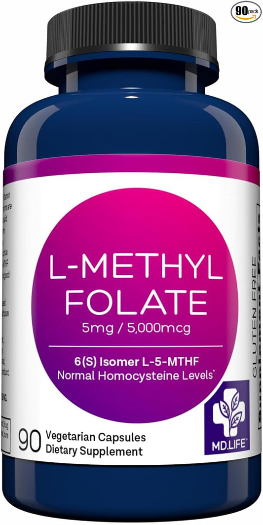 MD Life L-Methylfolate 5mg - Professional-Grade Active Methylfolate Supplement - Maximum Potency MTHFR Supplements - L methylfolate 5mg 90 Capsules - Essential Amino Acids