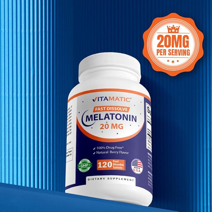 Vitamatic Melatonin 20 mg Tablets | Vegetarian, Non-GMO, Gluten Free | HIGH Potency 20 MG | Natural Berry Flavor (1/2 Tablets = Melatonin 10 mg) (120 Count (Pack of 6))