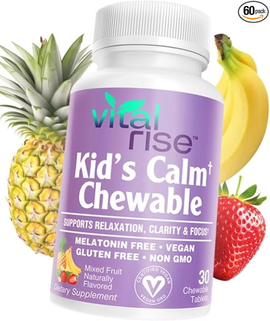 Kids Magnesium Chewables - Daily Supplement, Sugar-Free & Melatonin-Free, Supports a Healthy Stress Response & Focus, Fast-Absorbing Magnesium with L-Theanine, Mixed Fruit Flavor,